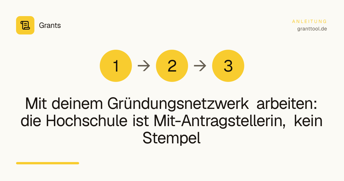 Mit deinem Gründungsnetzwerk arbeiten: die Hochschule ist Mit-Antragstellerin, kein Stempel